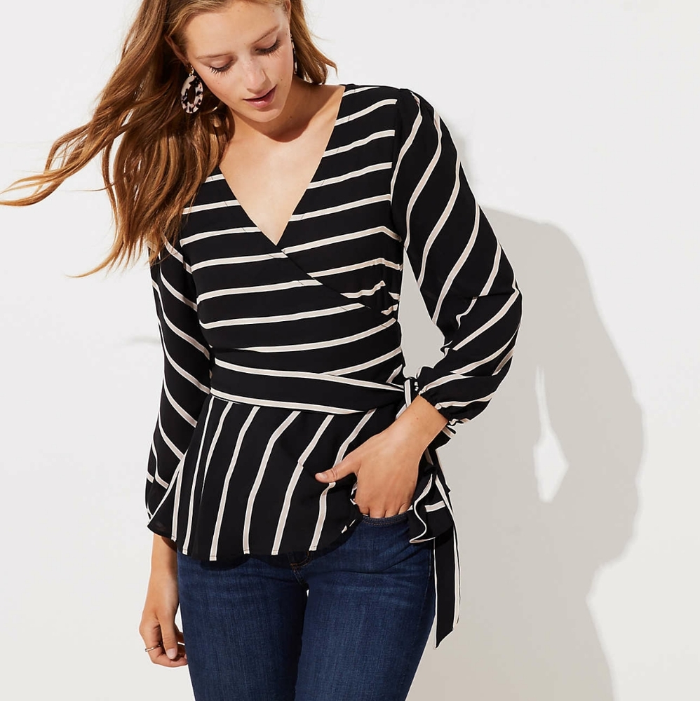 Womens Black & White Striped Wrap Peplum Top